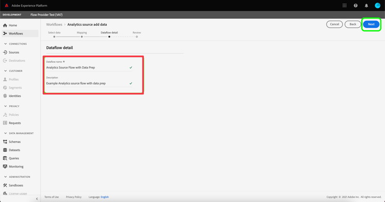 Adobe Experience Platform venster die de sectie van het detail Dataflow