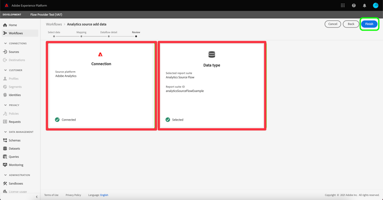 Adobe Experience Platform venster die Connect en het type van Gegevens secties voor overzicht benadrukken