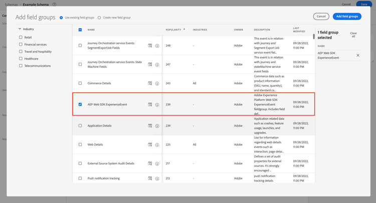 AEP Web SDK ExperienceEvent veldgroup
