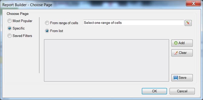 Schermafbeelding van de Choose dialoog van de Pagina met de Specifieke geselecteerde optie.