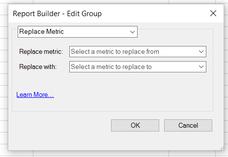 Schermafbeelding van het Edit scherm van de Groep met Replace Metric geselecteerd.