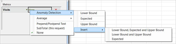 Screenshot met Anomaly Detection, vervolgens Insert en insert options for Lower and Upper Bound and expected.