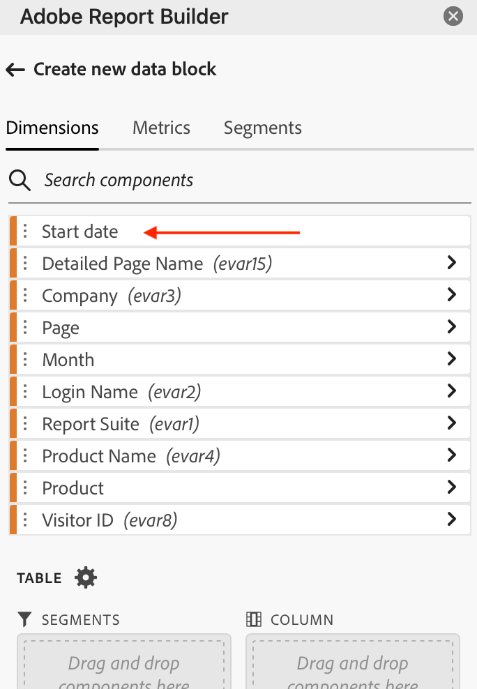 het Schermafbeelding die de datum van het Begin in de lijst van dimensies toont.