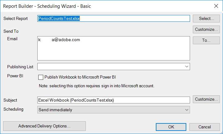 Screenshot van de Report Builder Scheduling Wizard met de optie om de Power BI Publish Workbook to Microsoft te controleren.