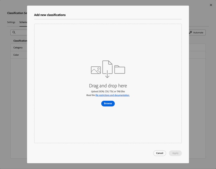 de reeksen van de Classificatie - het Schema uploadt een dossier