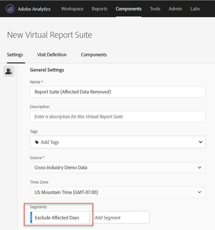 Segment toegepast op Virtual Report Suite