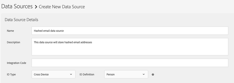 Audience Manager UI-afbeelding die de sectie met gegevensbrondetails weergeeft.