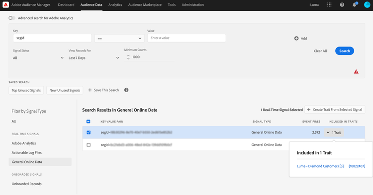 Zie Experience Platform signalen in Audience Manager in het dashboard van Signals