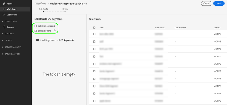 Schermafbeelding met de optie Alle segmenten selecteren en alle opties voor kenmerken selecteren die zijn uitgeschakeld in de workflow om verbinding te maken met de bronaansluiting van de Audience Manager.