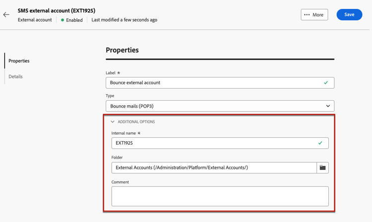 Screenshot die extra opties voor interne naam en de configuratie van de omslagweg toont.