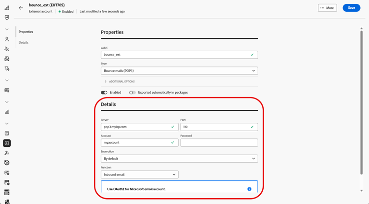 Screenshot die de de post van de Stuits (POP3) externe gebieden van de rekeningsconfiguratie toont.