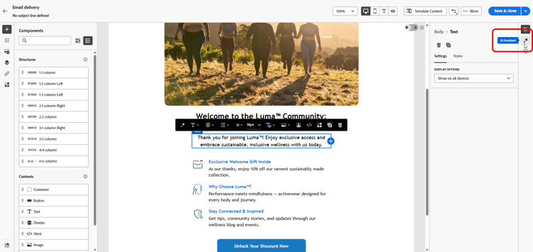 ​ Screenshot die de selectie van de tekstcomponent in het Web van Adobe Campaign toont ​