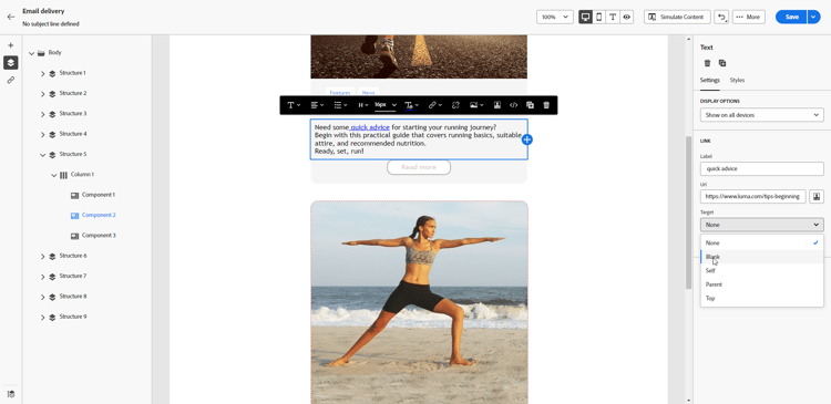 Schermafbeelding die de drop-down opties van het Doel op het lusje van Montages toont.