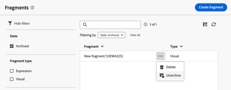 unarchive optie voor fragmenten