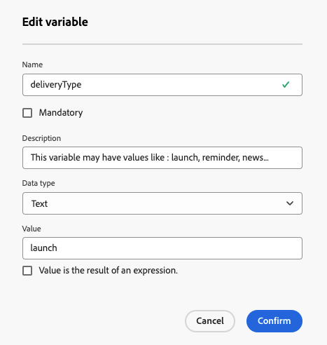  Screenshot die de definitie van de variabele deliveryType 