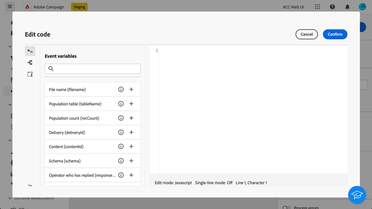 de redacteurinterface van de Uitdrukking voor de codeactiviteit van JavaScript