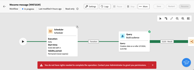 ​ Interface die beperkte rechten voor het schrappen van werkschema's toont.