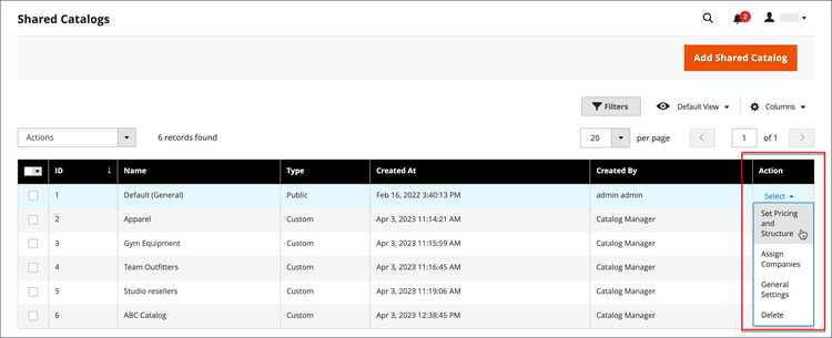 Gedeeld catalogusnet en actiemenu