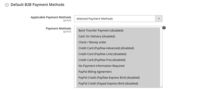 B2B configuratie - de montages van de standaard betalingsmethode