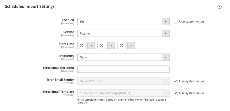 Currency Setup > Scheduled Import Settings