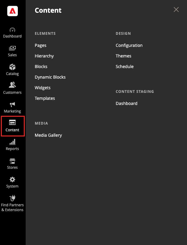 ​ het Content menu dat in Admin ​