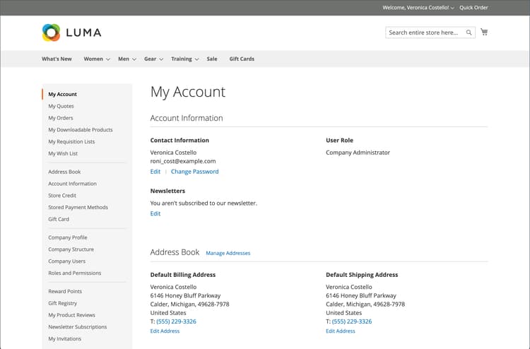 ​ de rekeningsdashboard van het Bedrijf op de storefront ​