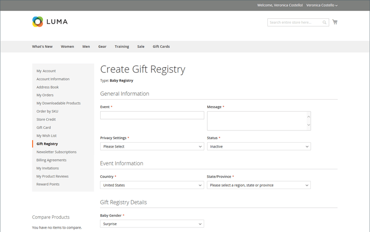 de storefront van het Voorbeeld - de registratie van de baby gift