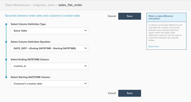 de configuratie van de de verschilberekening van de Datum die de kolomselecties van de datetime toont