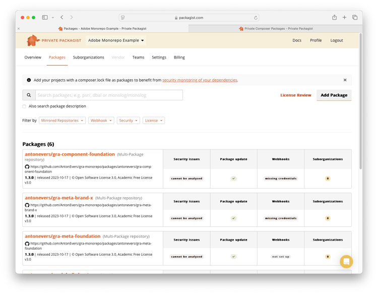 Privé het schermschot van het Pakket met alle monorepo pakketten zichtbaar in het pakketscherm