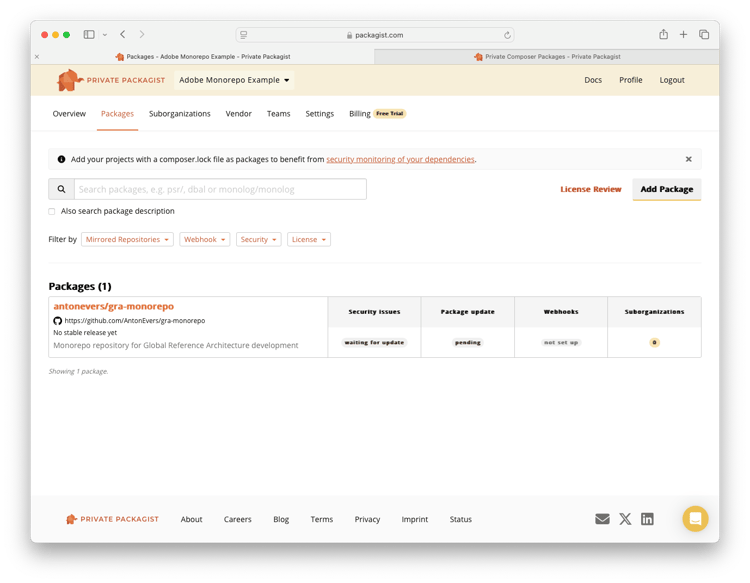 ​ Privé het schermschot van het Pakket met het monorepo pakket zichtbaar in het pakkettenscherm ​