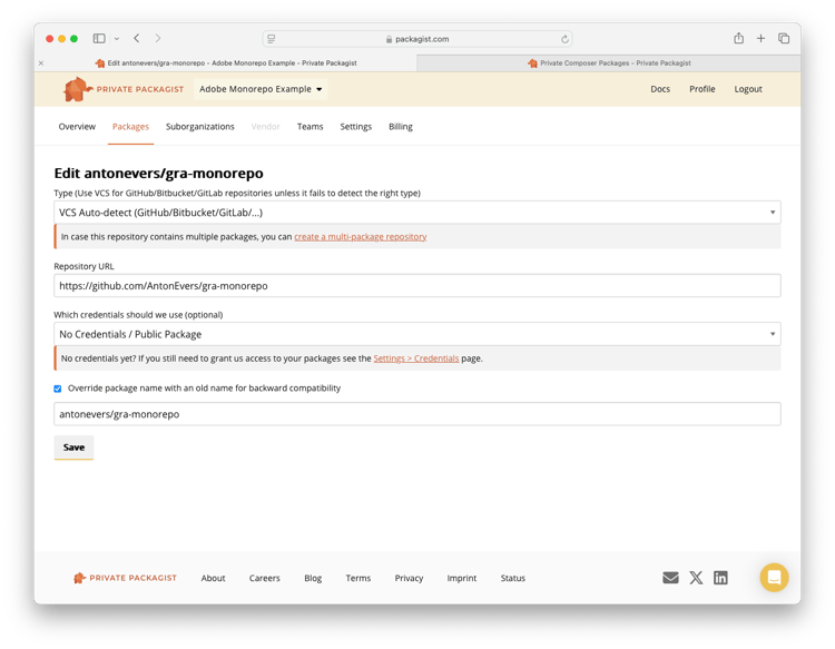 Privé het schermschot van het Pakket met het monorepo pakket uitgeeft pagina