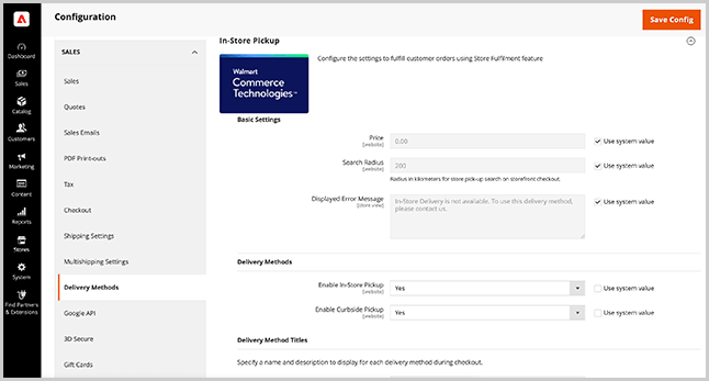 de verkoopconfiguratie van de Winkel Admin voor de Afhandeling van de Opslag