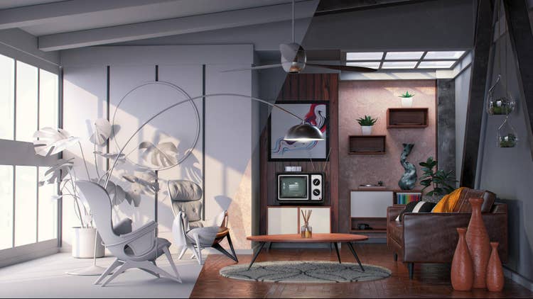CGI-woonkamer geeft vergelijking met neutraal grijs matte-materiaal aan de linkerkant in vergelijking met voltooide materialen aan de rechterkant