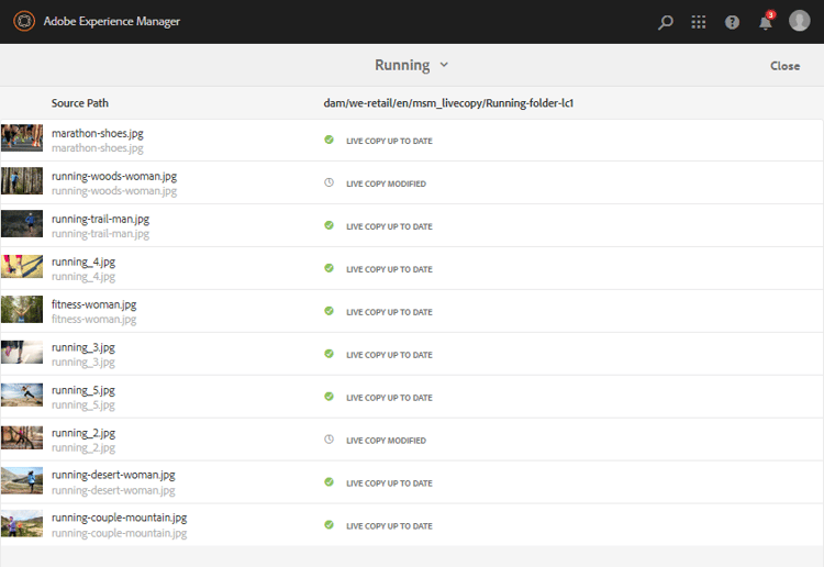 Statussen van live kopieën weergeven in Live Copy Console van bron