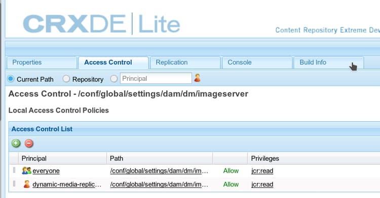 vorm de Server van het Beeld in CRXDE Lite en het plaatsen van het lusje van het Controle van de Toegang