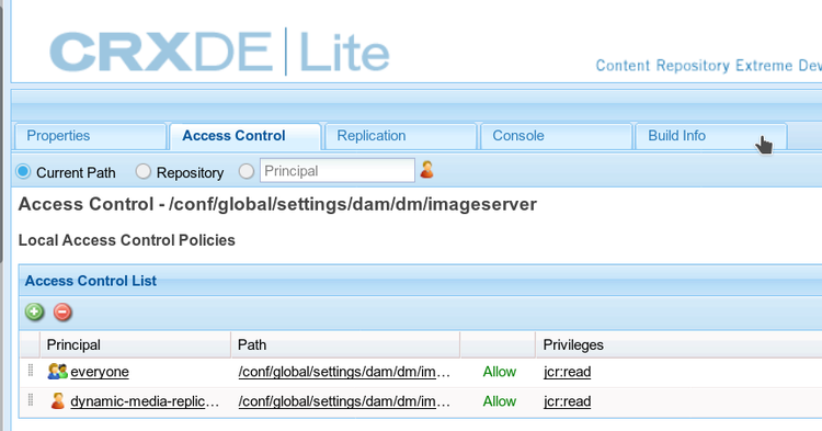 vorm de Server van het Beeld in CRXDE Lite en het plaatsen van het lusje van het Controle van de Toegang