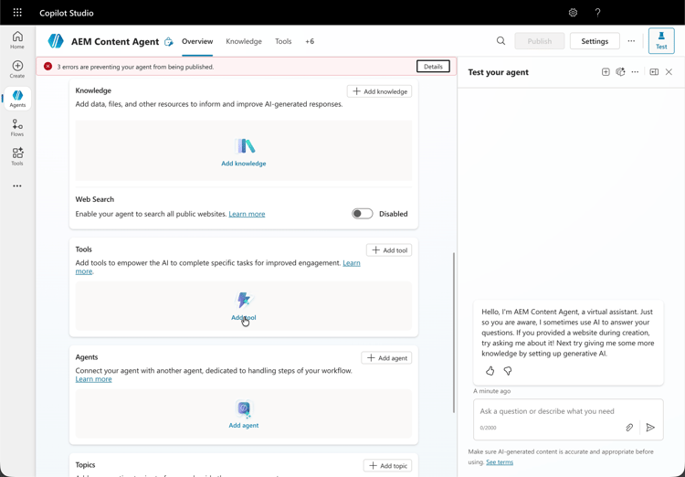 het paneel van Agenten in de Studio van Copilot van Microsoft.