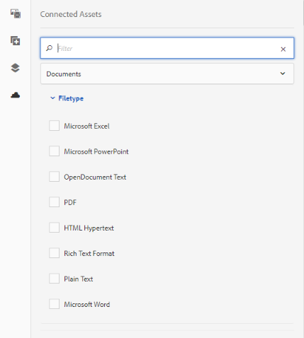Opties voor het filteren van documenttypen en afbeeldingen bij het zoeken naar assets op de externe DAM