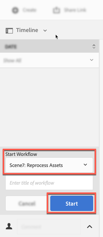 Schermafbeelding van het gebruikersinterface van de Chronologie met Dynamic Media Reprocessdie van de drop-down lijst van het Werkschema van het Begin wordt geselecteerd, en de knoop van het Begin benadrukte