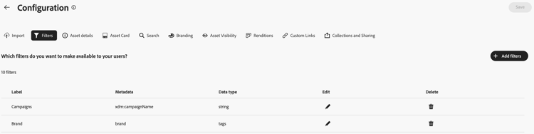 filters UI van de Configuratie op Content Hub