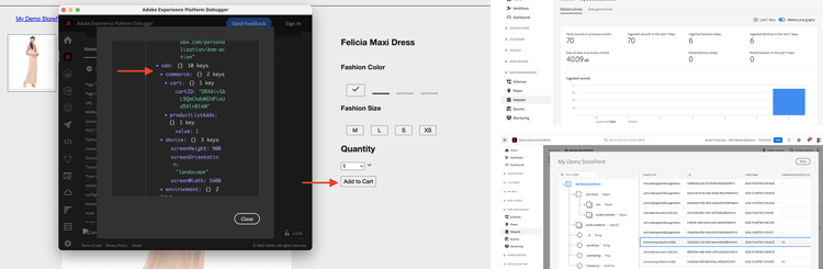 de gebeurtenisgegevens van de Overzicht addToCart in Adobe Experience Platform Debugger