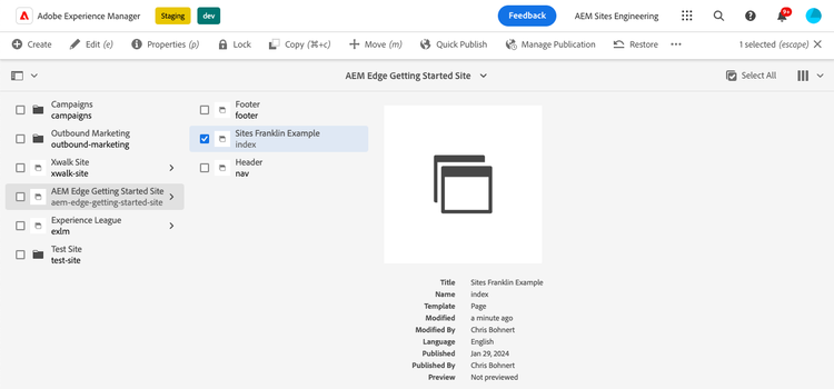 Selecterend de indexpagina in de console van Plaatsen