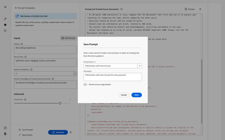 Variaties genereren - dialoogvenster voor opslaan van prompt