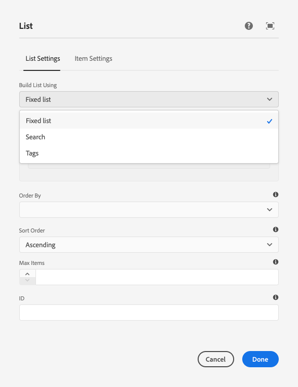 Component van de Lijst met gehandicapte kindoptie