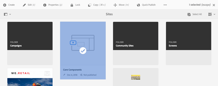 geselecteerde de toolbar van AEM Sites