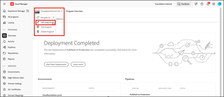 ​ geeft programmaoptie op het drop-down menu van het Programma uit ​