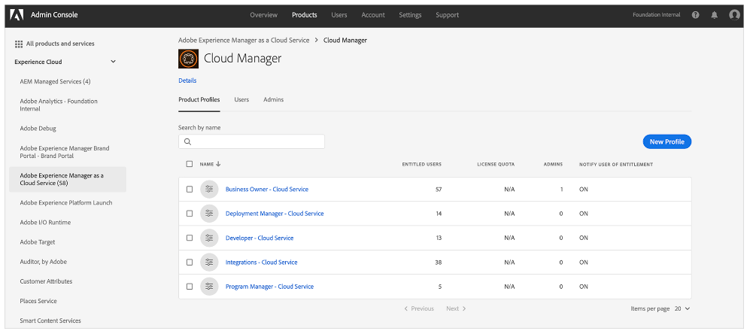 profielen van het Product in de Admin Console