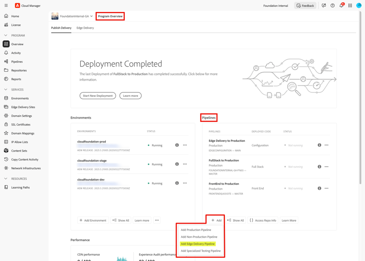 voeg de pijpleiding van Edge Delivery in Add drop-down lijst van de Pijpleiding