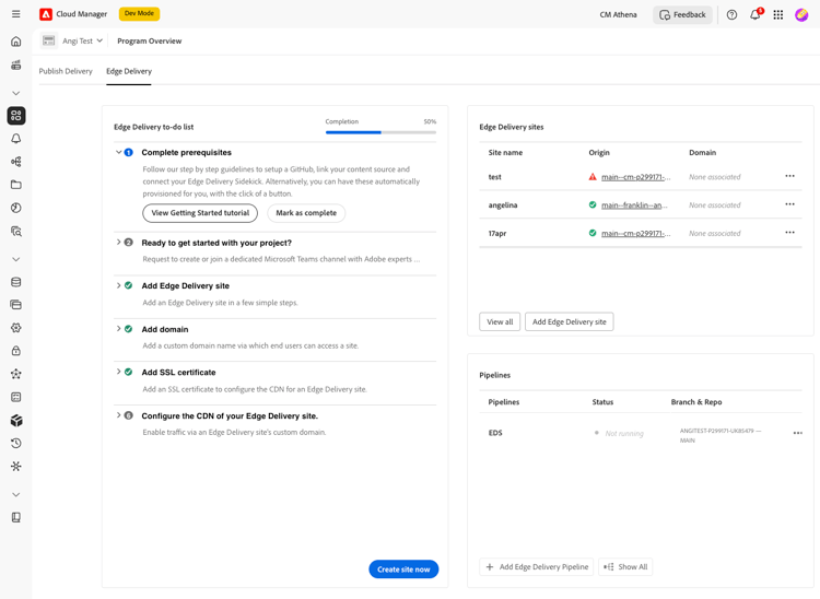 Edge Delivery pijpleiding widget die pijpleidingsnaam, status, bewaarplaats, en tak tonen