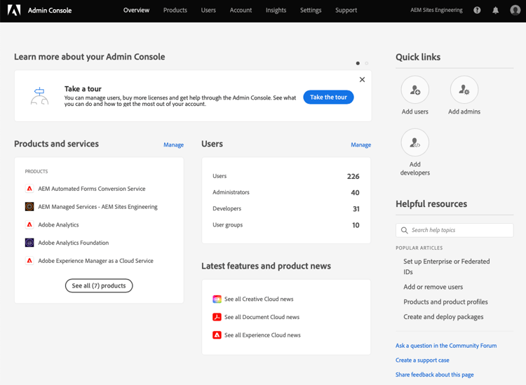 overzicht van de Admin Console